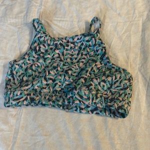 Blue, dark blue, navy, green, pink splotchy, bathing suit from Zella